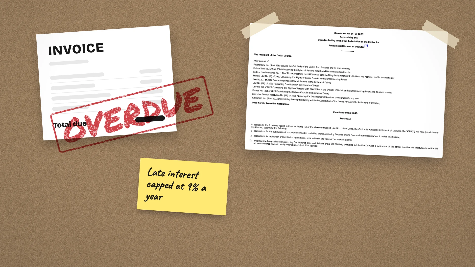A blank invoice stamped Overdue and a note on the 9% interest cap, beside the Dubai Courts resolution on the Centre for Amicable Settlement of Disputes