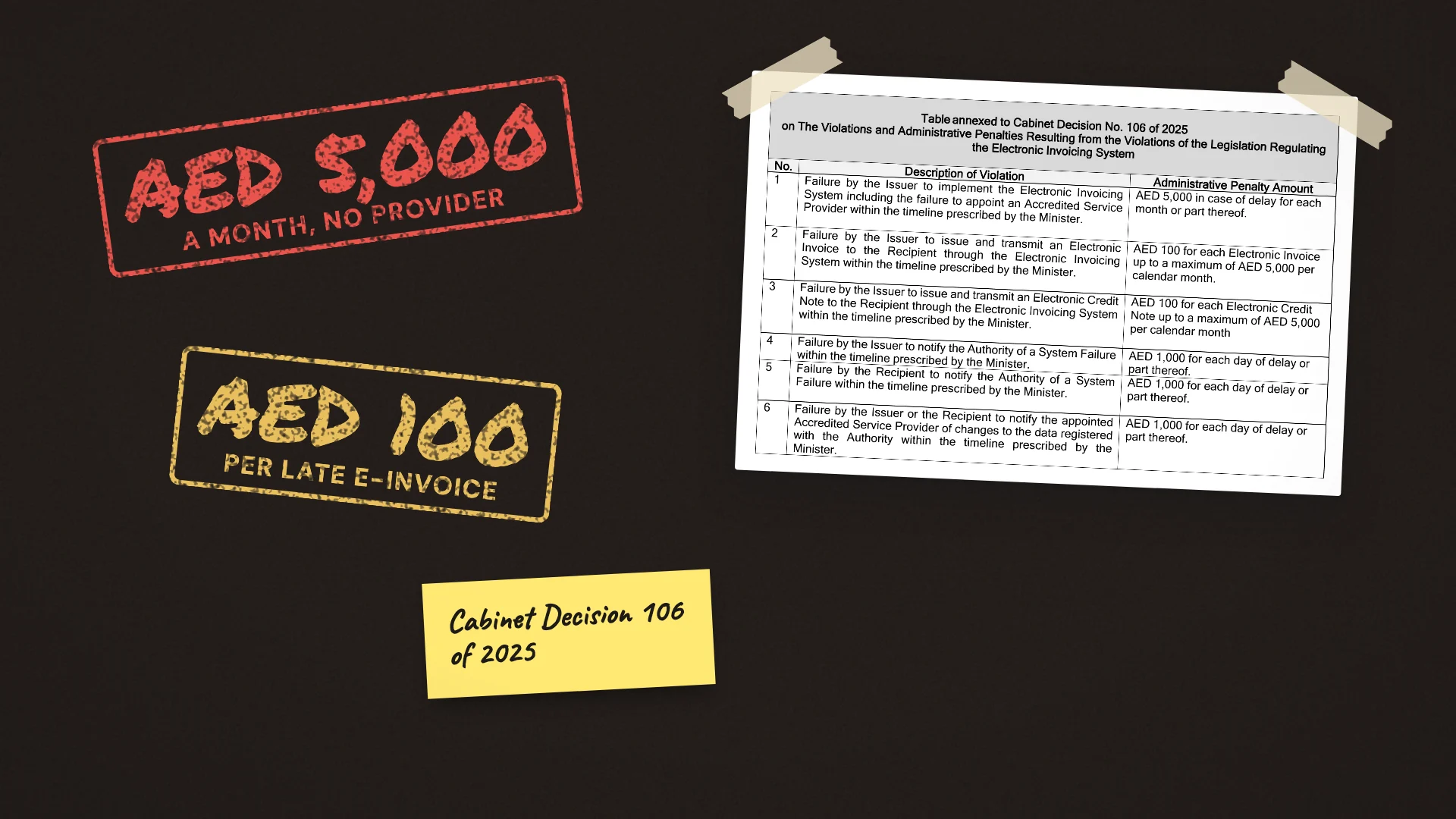 Rubber stamps reading AED 5,000 a month and AED 100 per late e-invoice on a dark background, beside the penalty table annexed to Cabinet Decision 106 of 2025