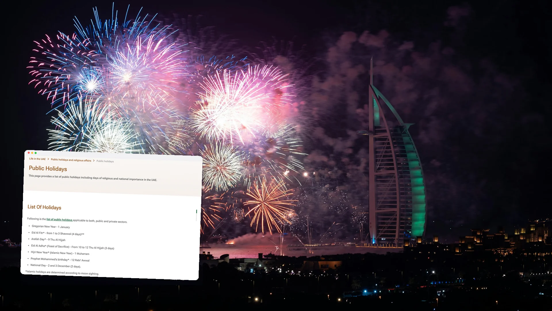 Fireworks bursting over the sea beside the Burj Al Arab in Dubai at night, with a window showing the UAE Government portal's list of public holidays