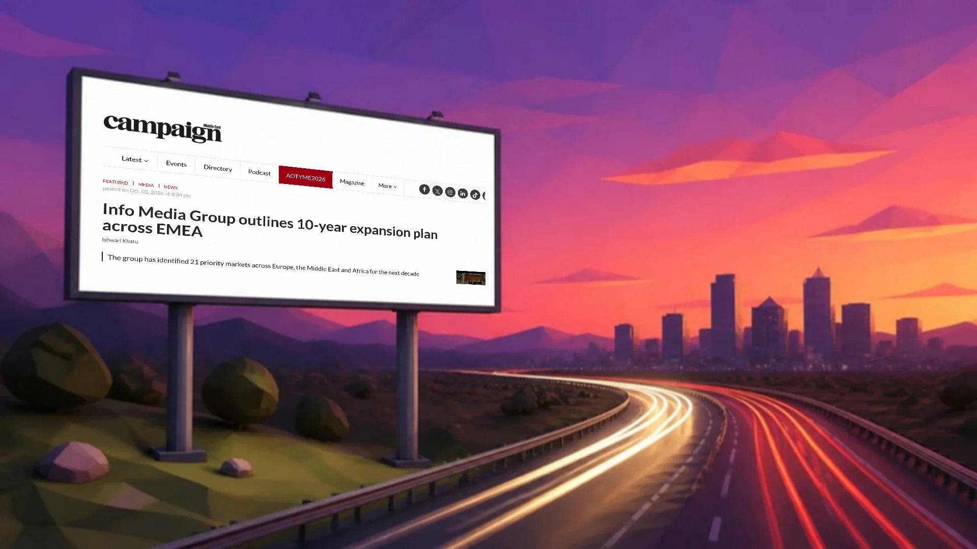 A low-poly illustration of a billboard beside a highway at dusk, carrying Campaign Middle East's report on Info Media Group's ten-year expansion plan