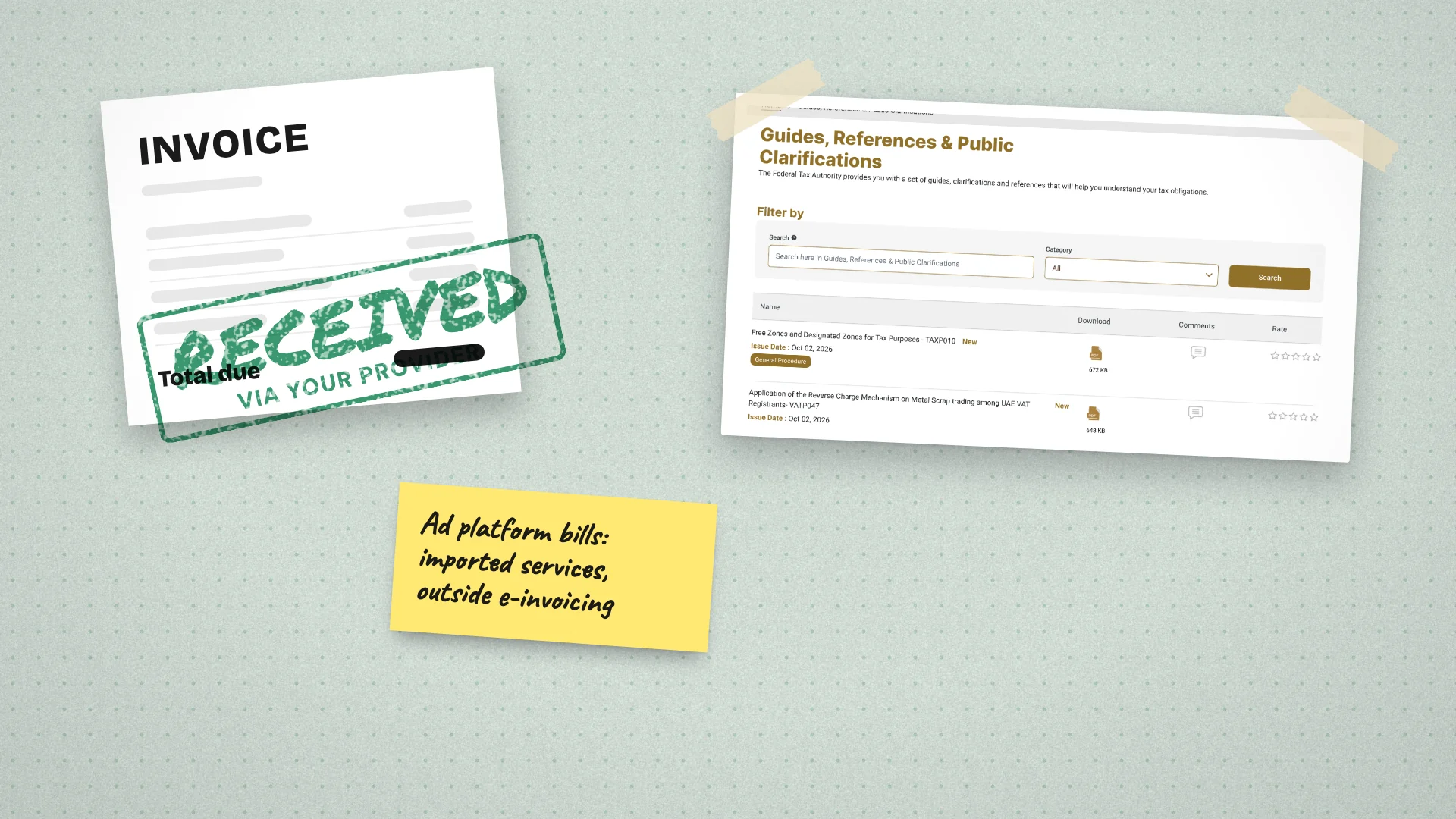 A blank invoice stamped Received via your provider and a note on imported services, beside the Federal Tax Authority's guides and public clarifications page