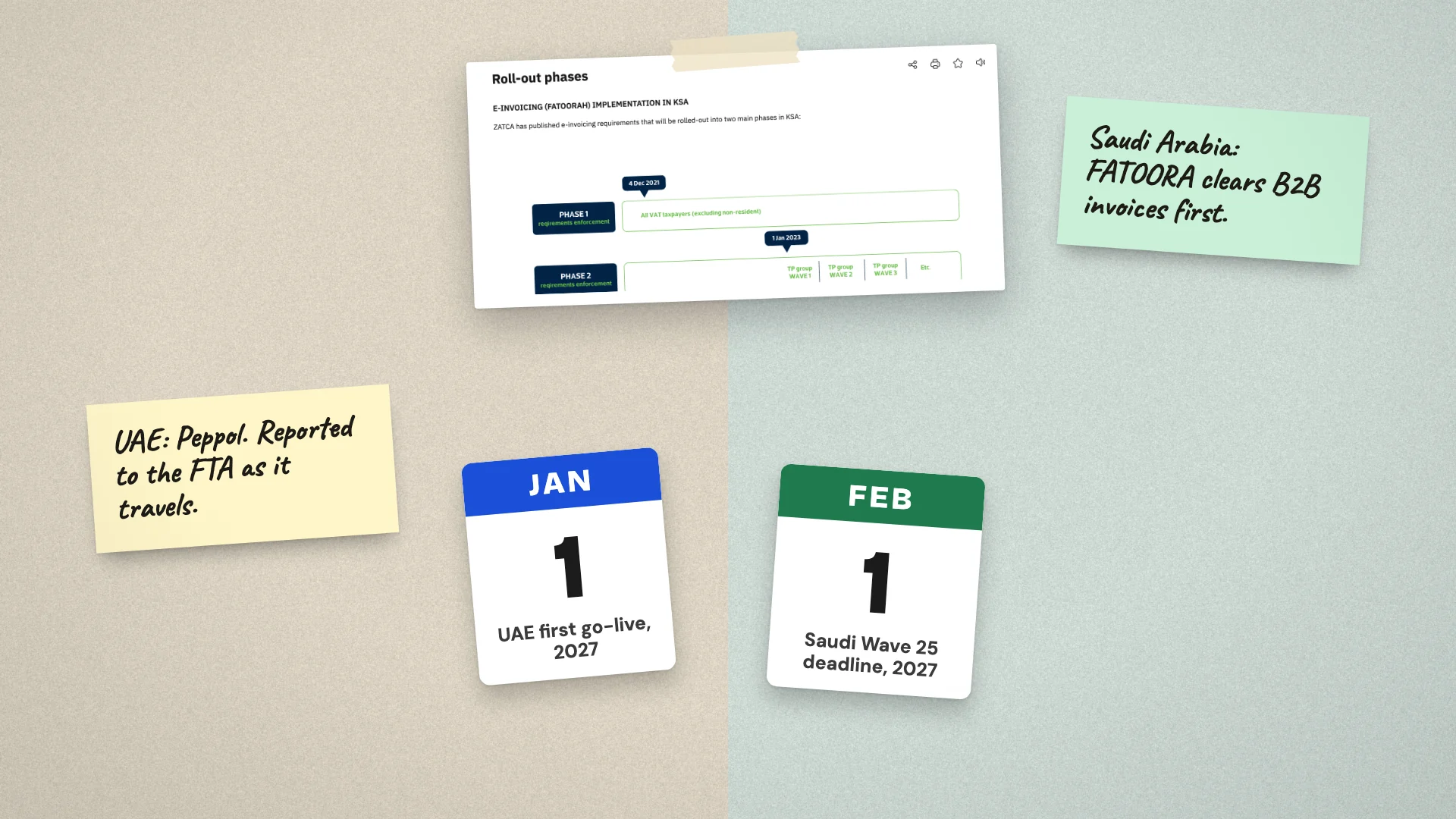 A two-tone page contrasting the UAE's Peppol model with Saudi Arabia's FATOORA clearance, with calendar pages for 1 January and 1 February 2027, beside ZATCA's roll-out phases page