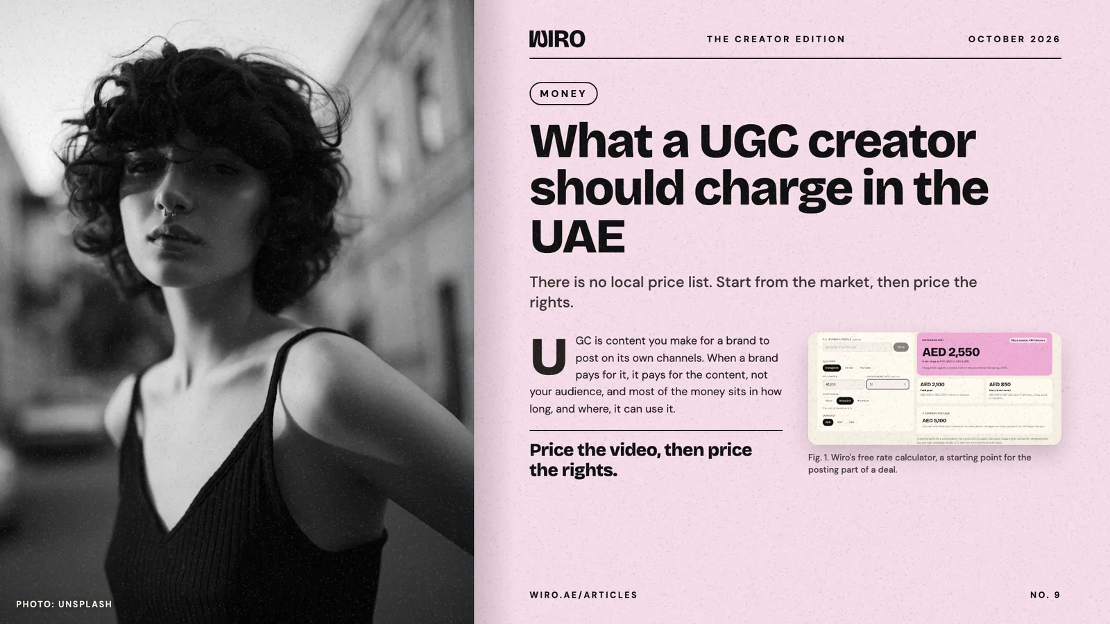 An editorial spread: a black and white portrait of a woman with curly hair beside a pink page with the headline and Wiro's influencer rate calculator