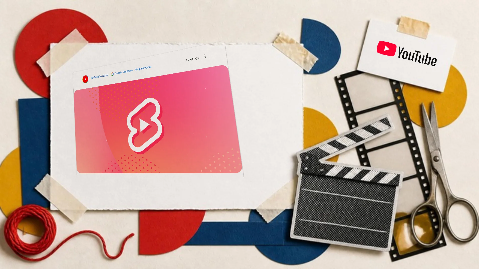 A Bauhaus paper collage of a torn sheet showing YouTube's Shorts announcement on its Help Community, beside a clapperboard, a film strip and scissors, with the YouTube logo on a tag
